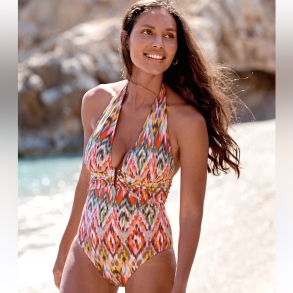 Bleu Rod Beattie Orange Boho Free Spirit Plunge Halter One Piece Swim Suit NWOT - Picture 2 of 13